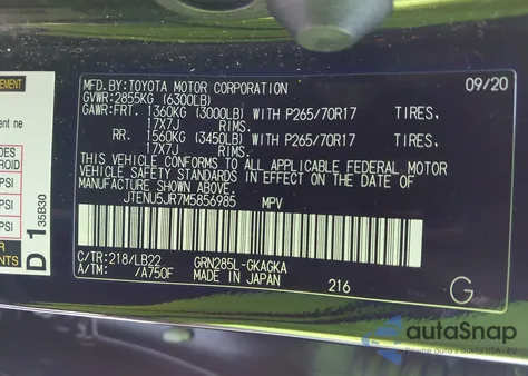 2021 Toyota 4Runner Sr5 Premium z USA, uszkodzony, nr VIN JTENU5JR7M5856985